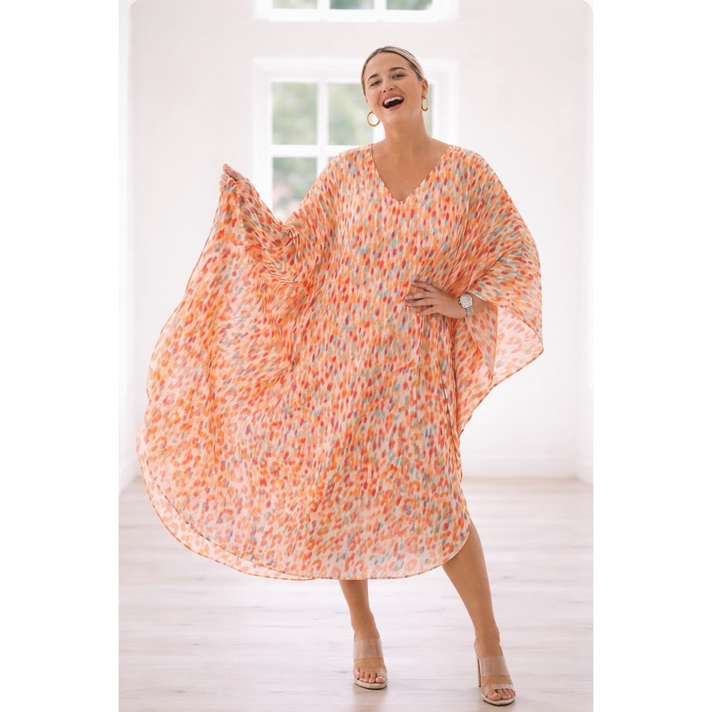 NEW Adrienne Caftan Maxi Dress M/L/XL Boho Resort Cruise Beach Coastal Satin NWT